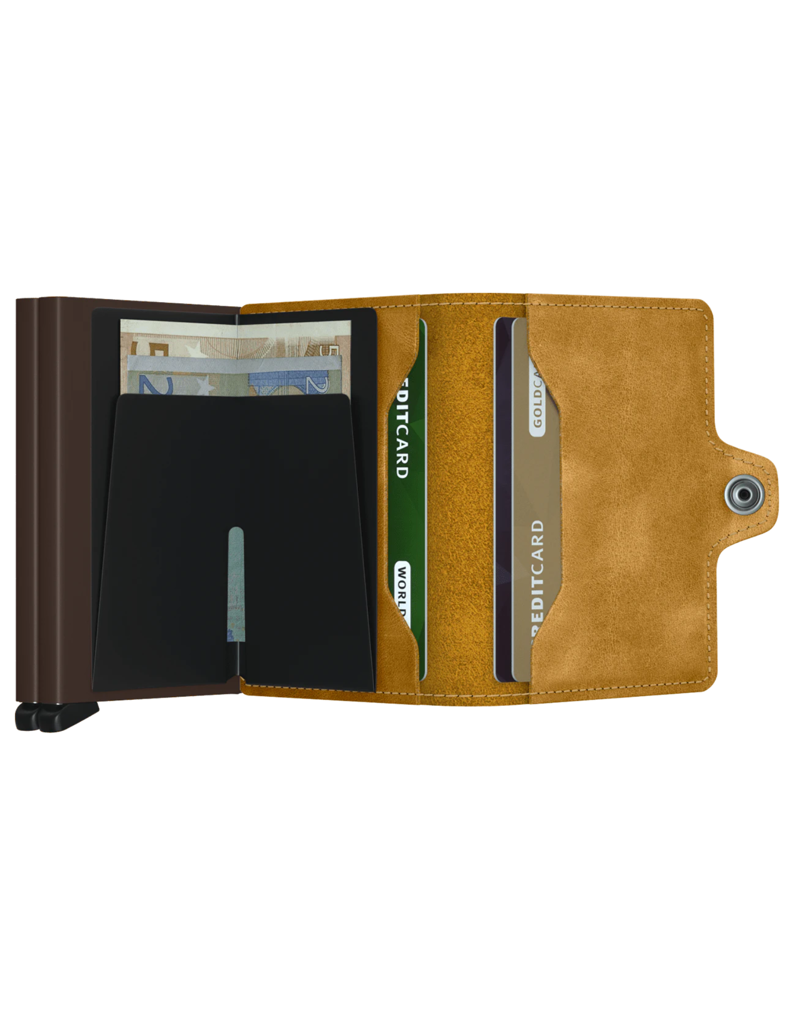 With two Cardprotectors to hold double the content, the Twinwallet carries up to 16 cards, banknotes and receipts, but remains compact in size. Together with its sturdy closure and exterior, to hold extra cards, banknotes and receipts, the Twinwallet holds much but remains compact in size.