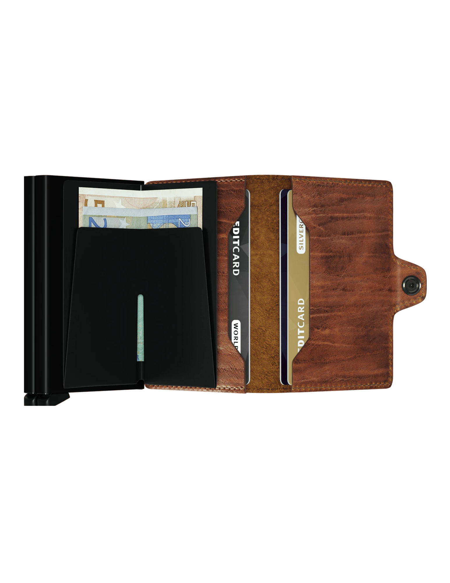 With two Card protectors to hold double the content, the Twinwallet carries up to 16 cards, banknotes and receipts, but remains compact in size. Together with its sturdy closure and exterior, to hold extra cards, banknotes and receipts, the Twinwallet holds much but remains compact in size.
