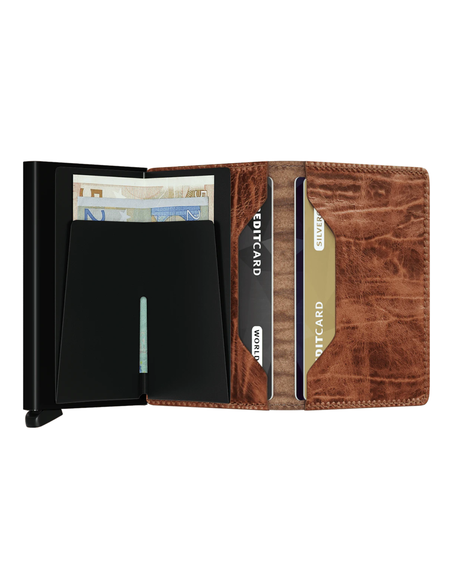 Its slim profile makes the Slimwallet fit perfectly into every pocket. The open exterior is cut extra wide to hold cards, banknotes and receipts. The Cardprotector mechanism allows you to slide out cards with one simple motion, while the aluminium protects your cards from bending, breaking and unwanted wireless communication.