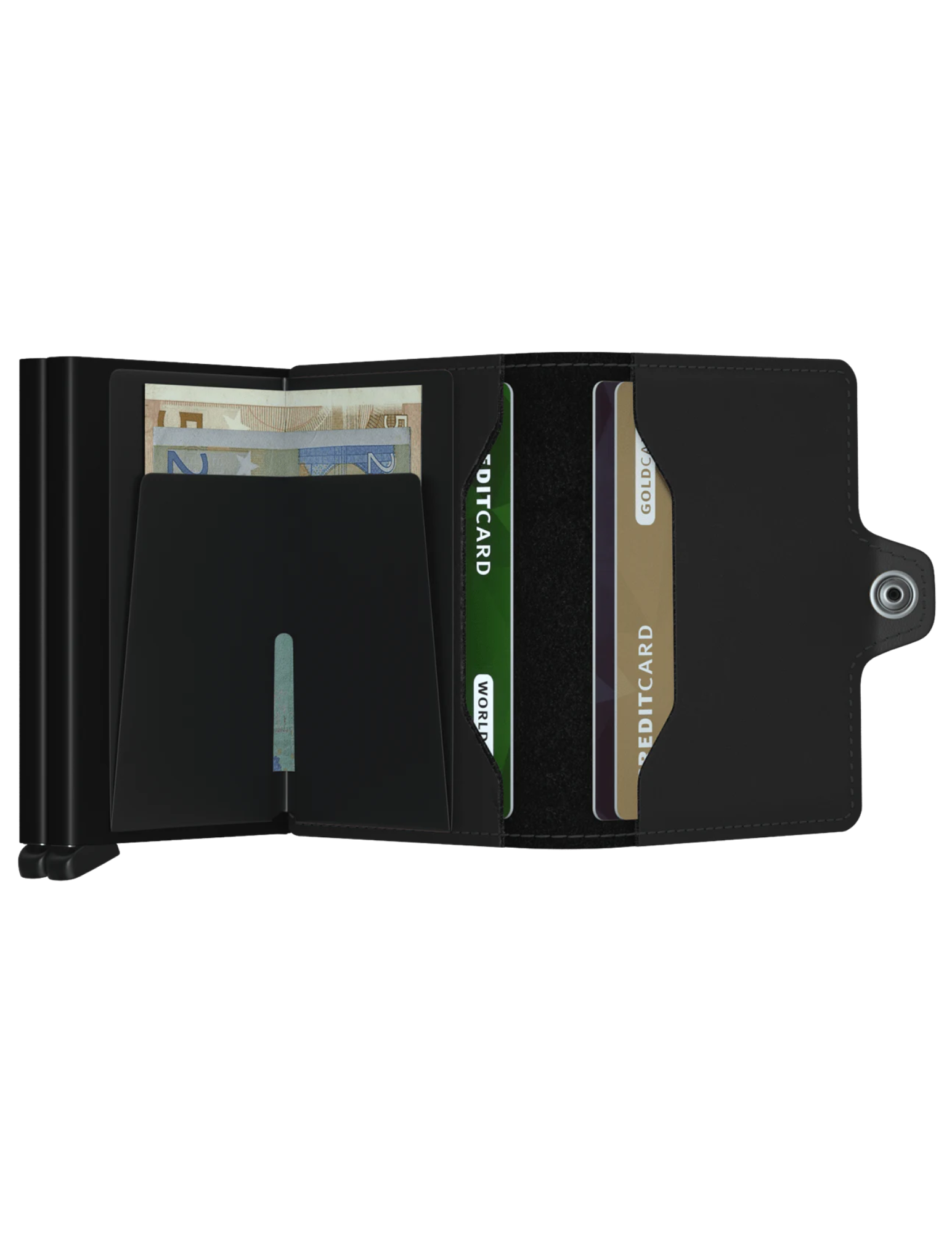 With two Cardprotectors to hold double the content, the Twinwallet carries up to 16 cards, banknotes and receipts, but remains compact in size. Together with its sturdy closure and exterior, to hold extra cards, banknotes and receipts, the Twinwallet holds much but remains compact in size.
