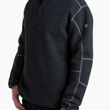 Man wearing a dark gray fleece pullover with a zipper on a white background