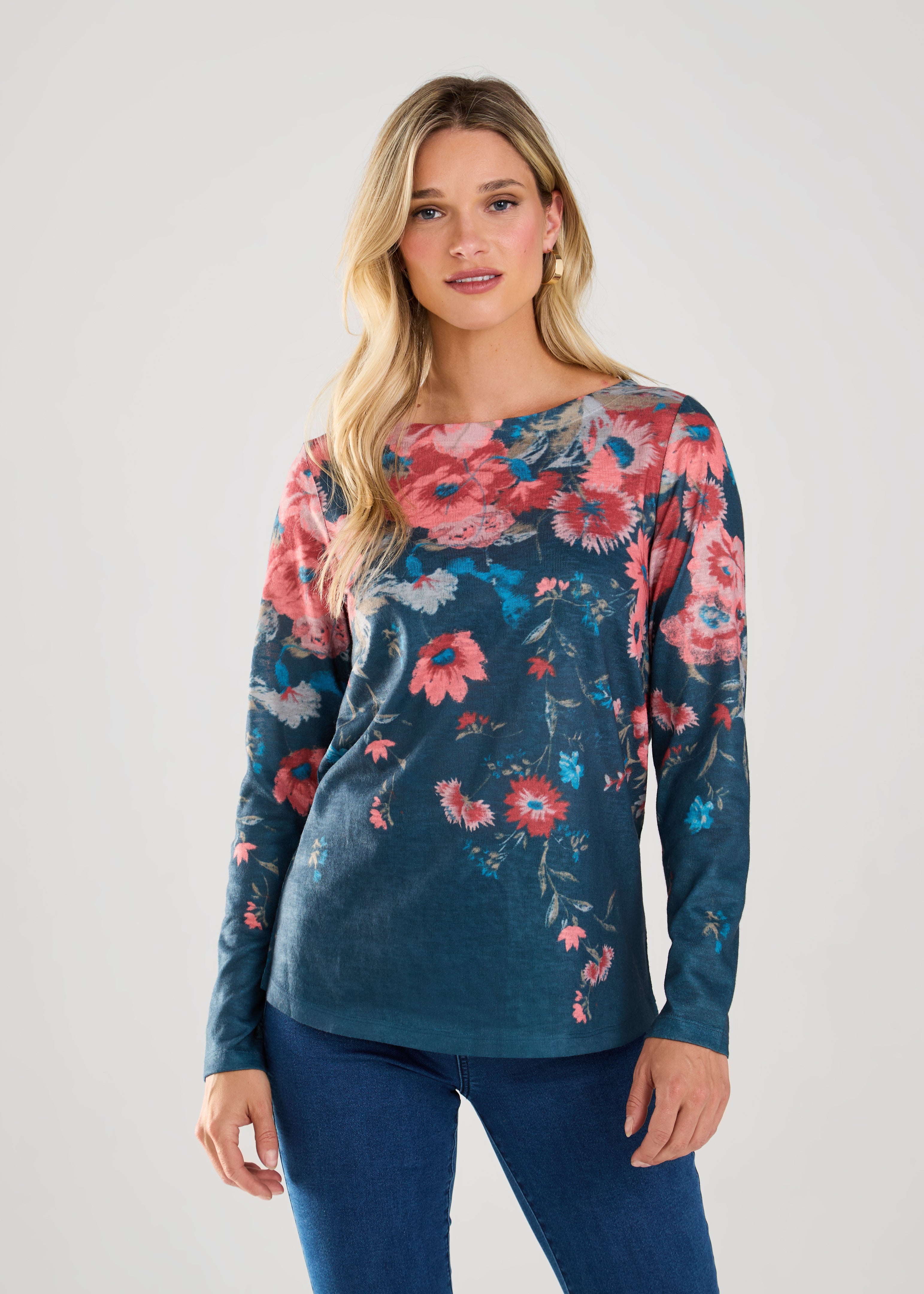 This FDJ long sleeve boat neck top features a beautiful floral print that adds a touch of elegance to any outfit. The design is denim-friendly, making it versatile and perfect for any casual occasion. Elevate your style with this top's eye-catching pattern and comfortable fit.