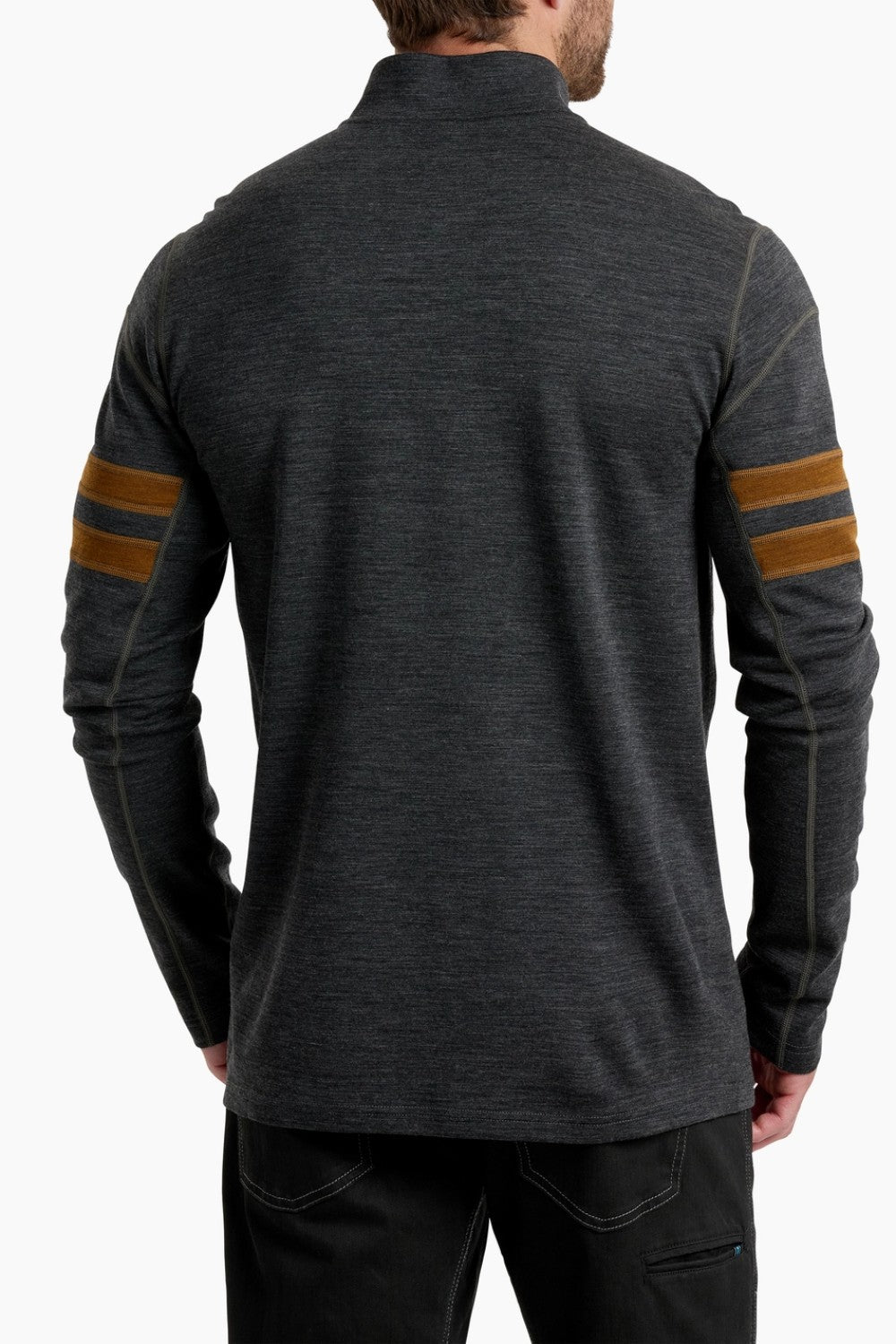 Dark gray long-sleeve shirt with brown accents on sleeves worn by a person, on a white background