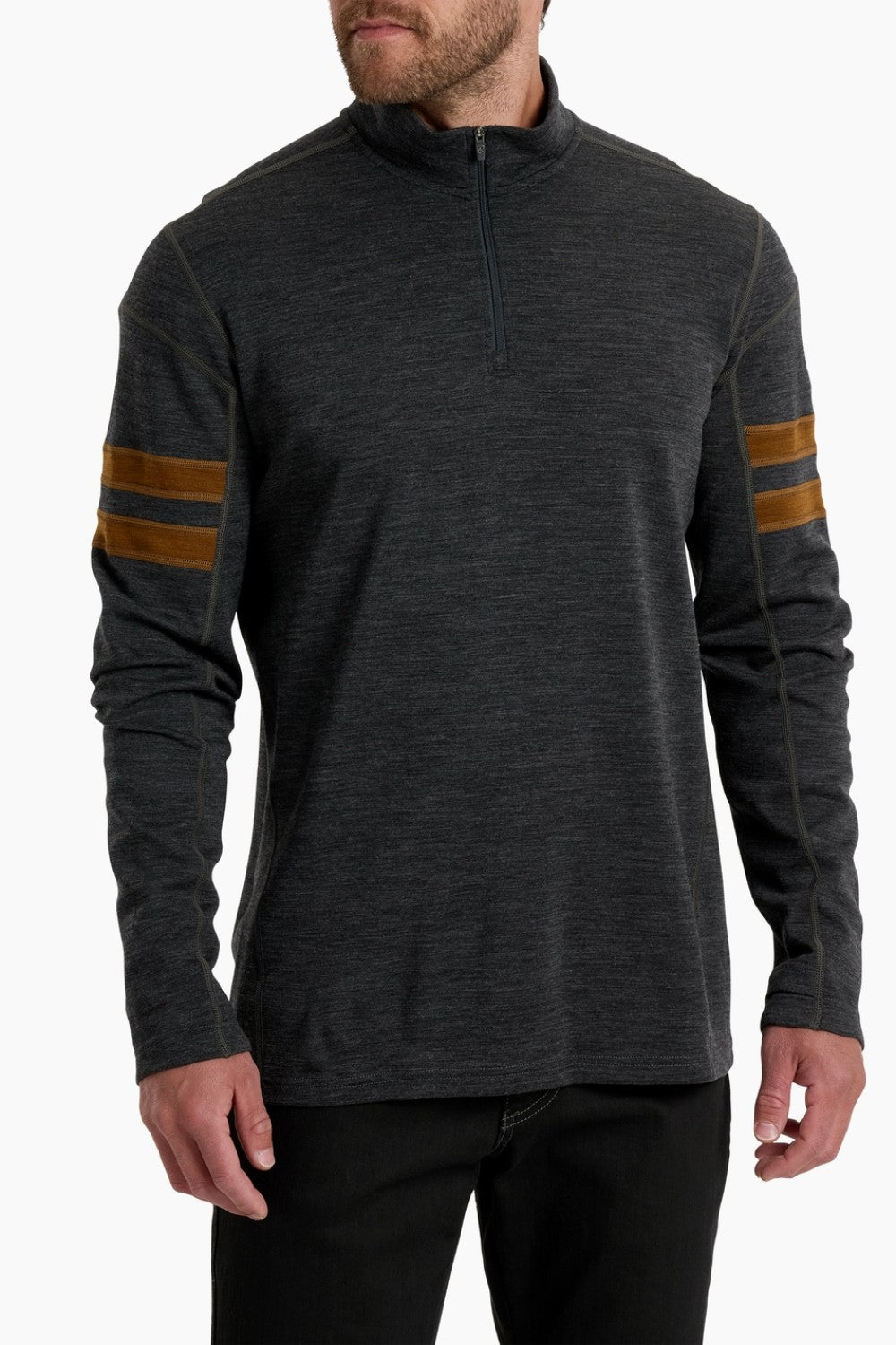 Man wearing a dark gray long-sleeve shirt with brown stripes on the sleeves against a white background