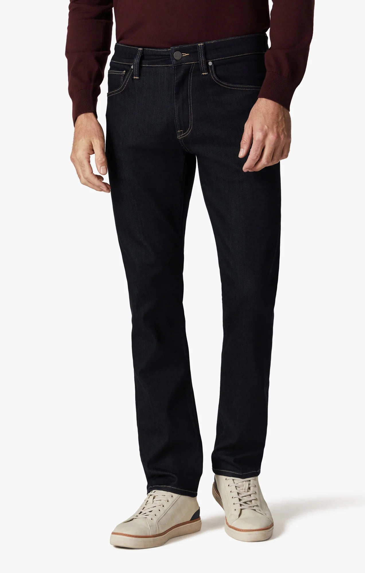 These contemporary pants are designed in a tailored, straight leg silhouette. Detailed with tonal hardware and contrast stitching, this mid-weight staple elevates any ensemble with its superior comfort, soft hand feel, and exceptional stretch.