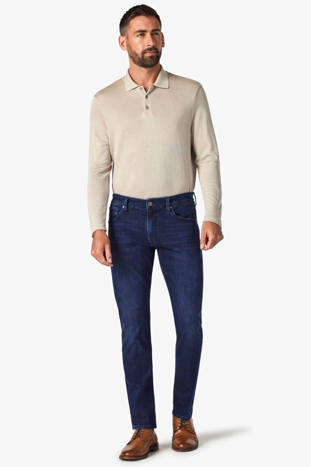 Elevate any occasion in this pair of sleek, dark-wash jeans cut from denim with a luxe look and feel. Made for movement with a higher proportion of elastance, this pair still maintains the texture of an authentic jean. A modern straight leg feels just roomy enough while flattering from every angle.