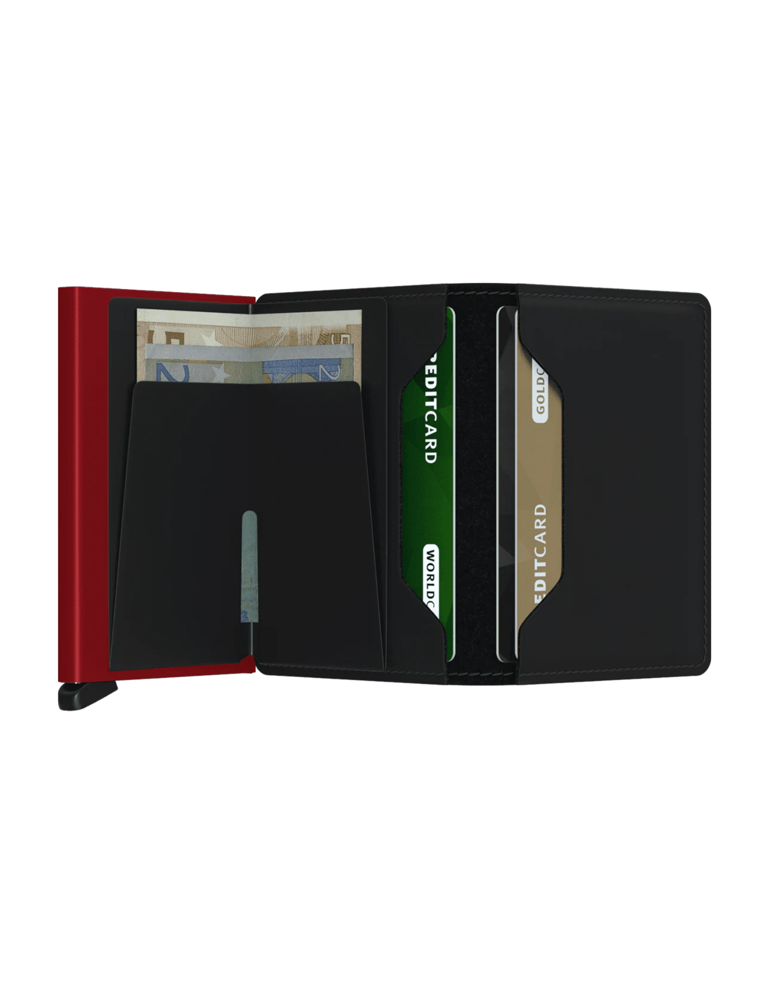 Its slim profile makes the Slimwallet fit perfectly into every pocket. The open exterior is cut extra wide to hold cards, banknotes and receipts. The Cardprotector mechanism allows you to slide out cards with one simple motion, while the aluminium protects your cards from bending, breaking and unwanted wireless communication.