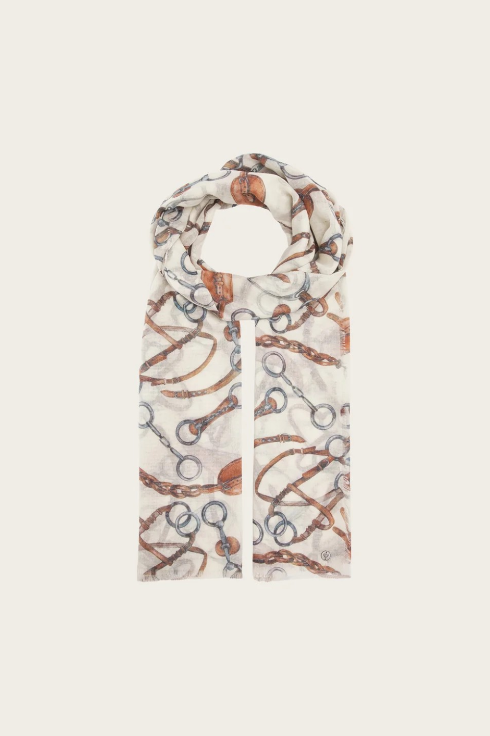 Cream coloured scarf with a brown and grey equestrian print photographed on a light background.
