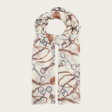 Cream coloured scarf with a brown and grey equestrian print photographed on a light background.