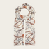 Cream coloured scarf with a brown and grey equestrian print photographed on a light background.