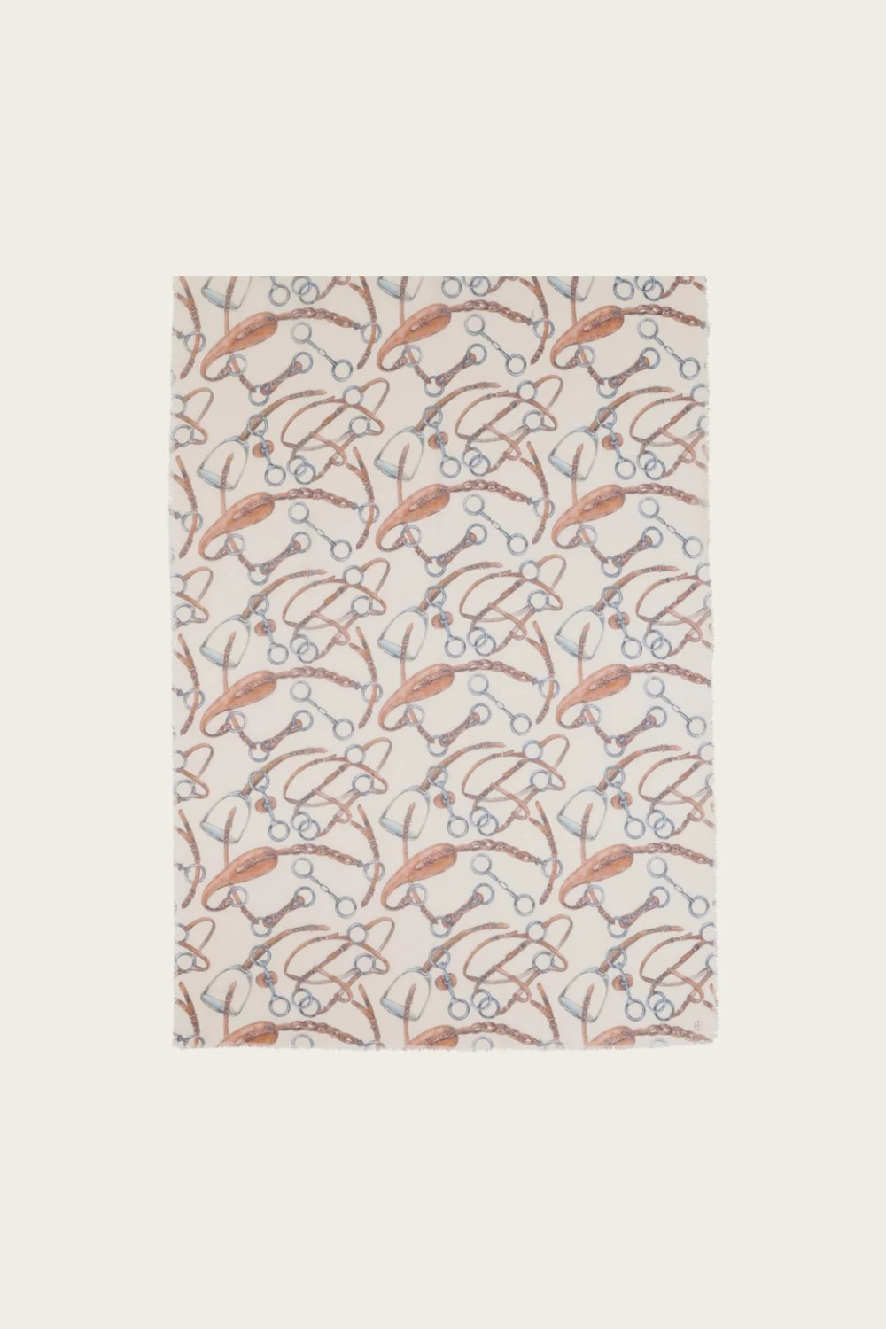 Cream coloured scarf with a brown and grey equestrian print photographed on a light background.