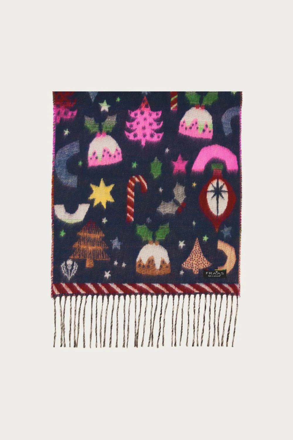 A dark navy blue knit scarf with a festive Christmas pattern featuring candy canes and stars, finished with a fringed hem.