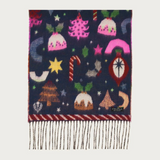 A dark navy blue knit scarf with a festive Christmas pattern featuring candy canes and stars, finished with a fringed hem.