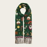 A dark green Christmas-themed scarf with a festive print of candy canes, stars, and mistletoe, finished with fringed ends, shown on a light beige background.