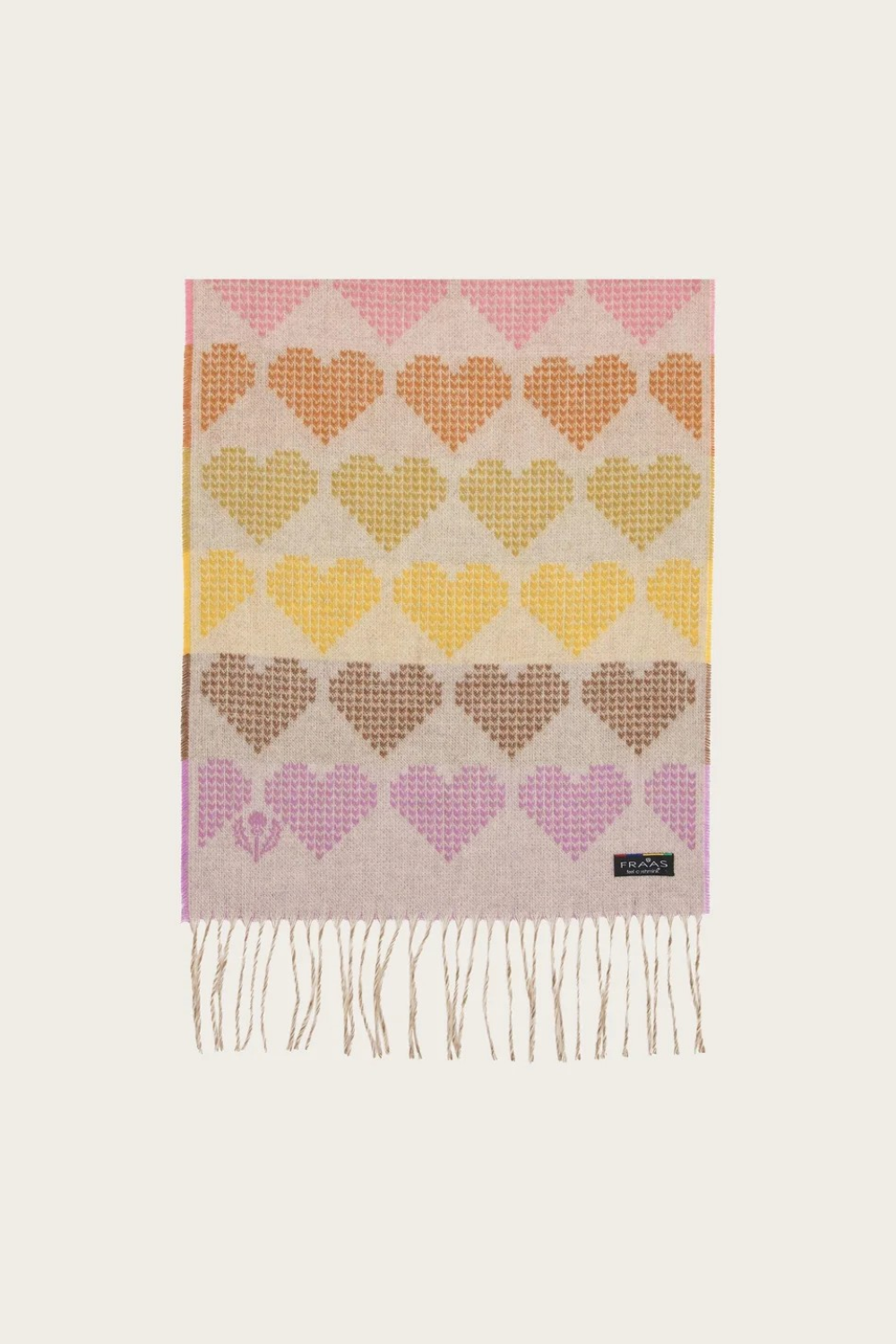 A multi coloured heart printed scarf, with fringe, photographed on a light background.