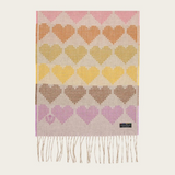 A multi coloured heart printed scarf, with fringe, photographed on a light background.