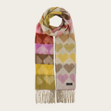 A multi coloured heart printed scarf, with fringe, photographed on a light background.