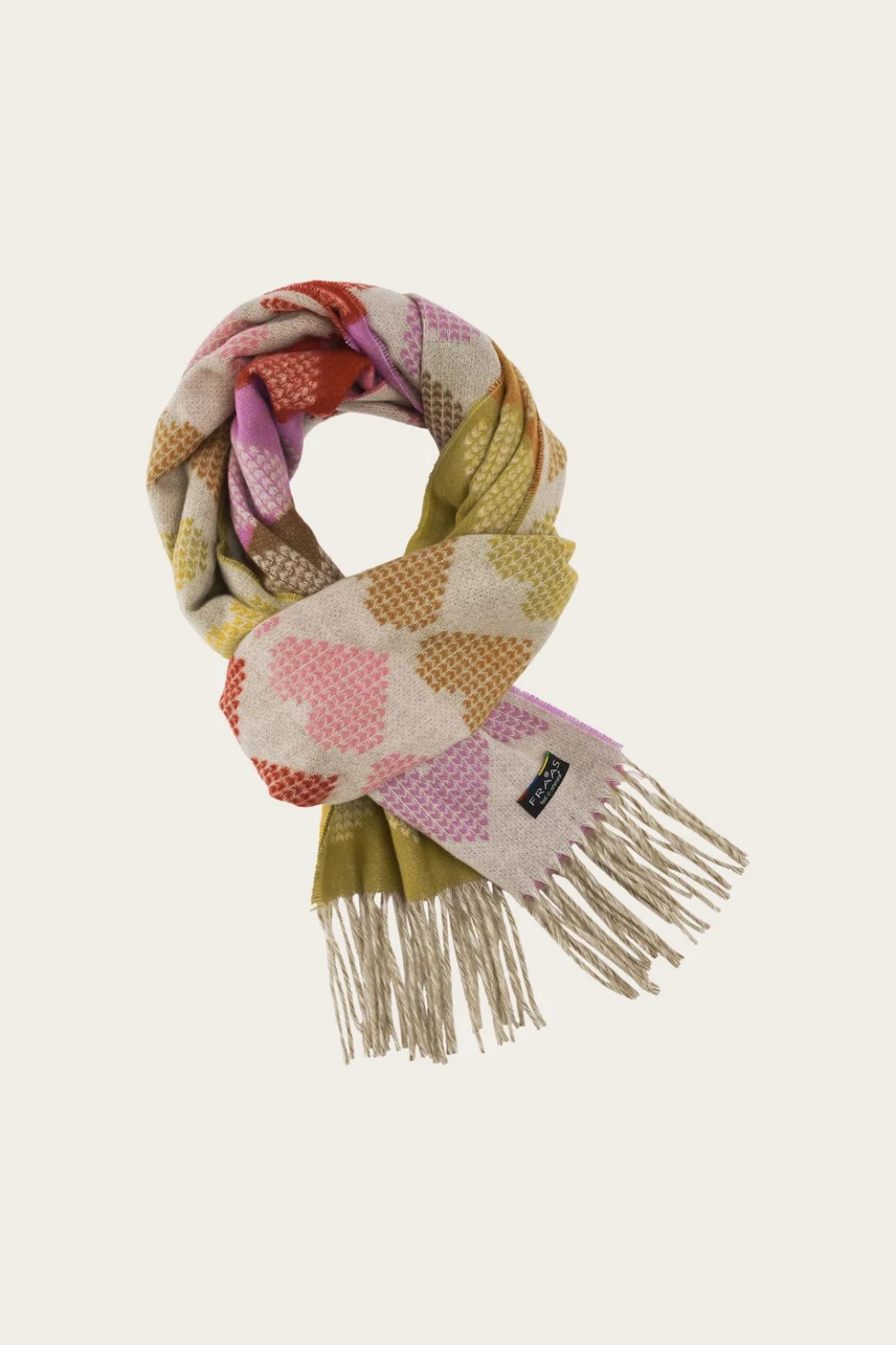 A multi coloured heart printed scarf, with fringe, photographed on a light background.