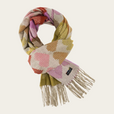 A multi coloured heart printed scarf, with fringe, photographed on a light background.