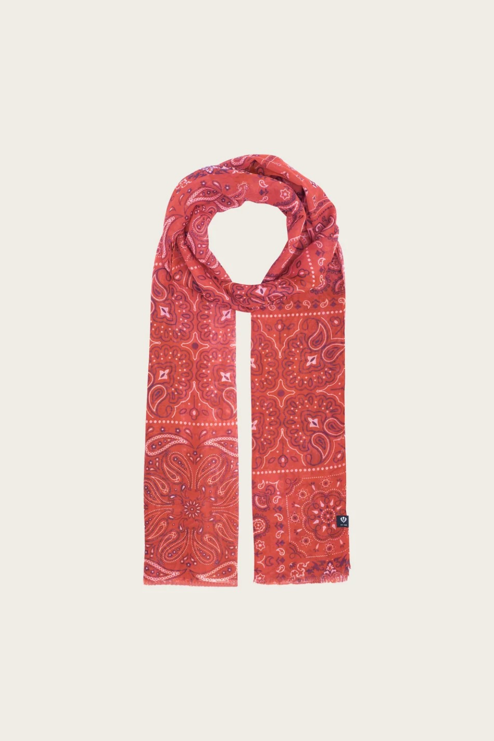 Red paisley scarf photographed on a light background.