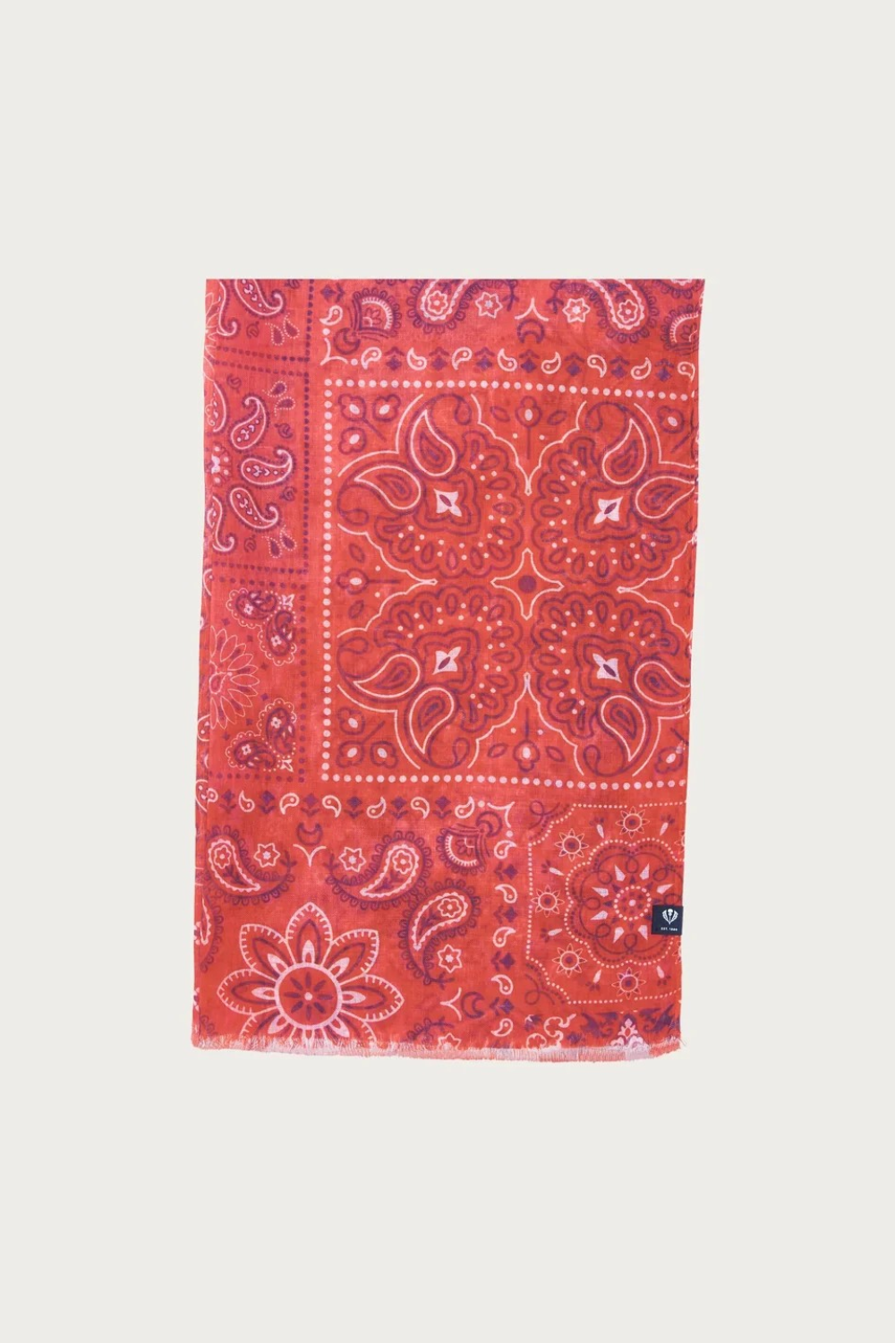 Red paisley scarf photographed on a light background.