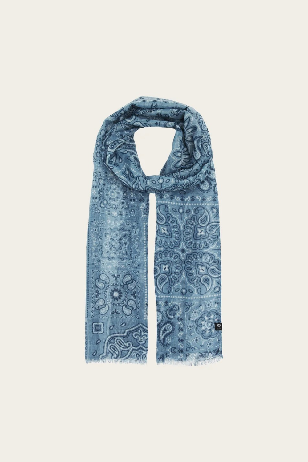 Blue  paisley printed scarf photographed on a light background.