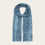 Blue  paisley printed scarf photographed on a light background.