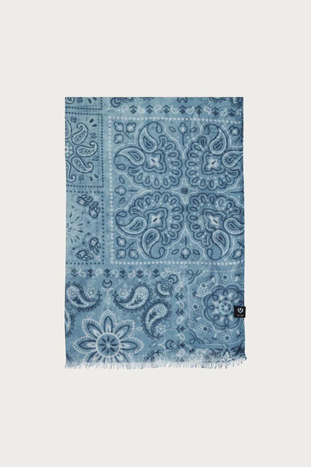 Blue  paisley printed scarf photographed on a light background.
