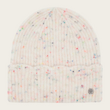 Cream toque with multi coloured flecks photographed on a light background.