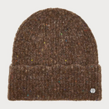 Brown toque with multi coloured speckles photographed on a light background.