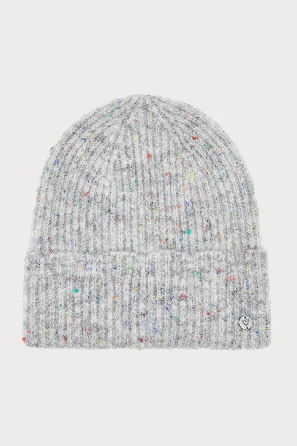 Grey toque with multi coloured speckles photographed on a light background.