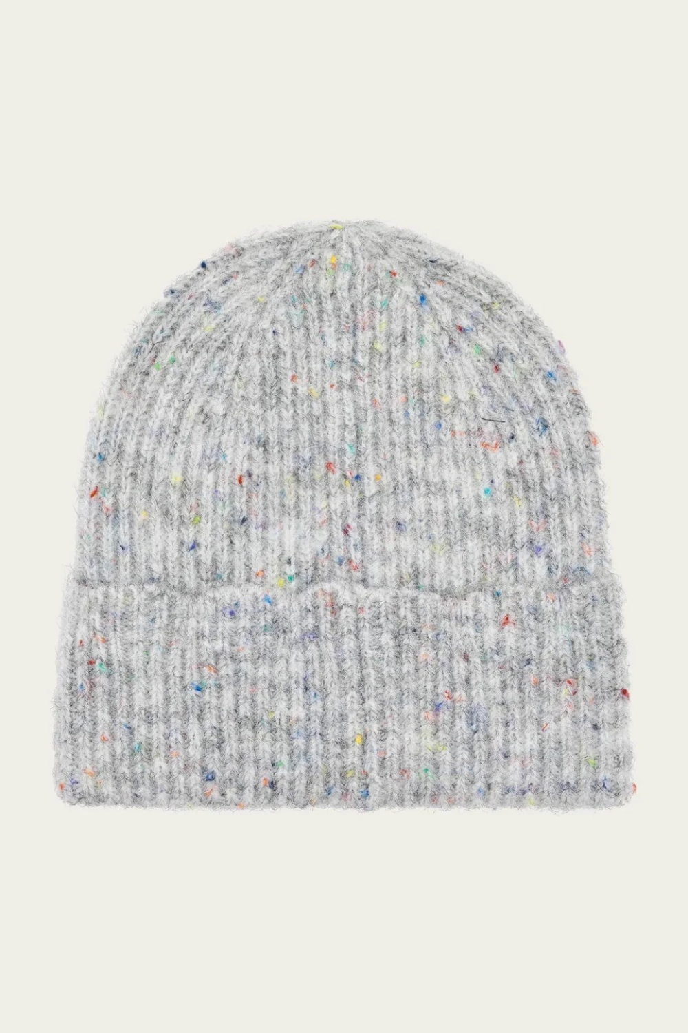 Grey toque with multi coloured speckles photographed on a light background.