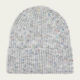 Grey toque with multi coloured speckles photographed on a light background.