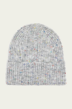 Grey toque with multi coloured speckles photographed on a light background.