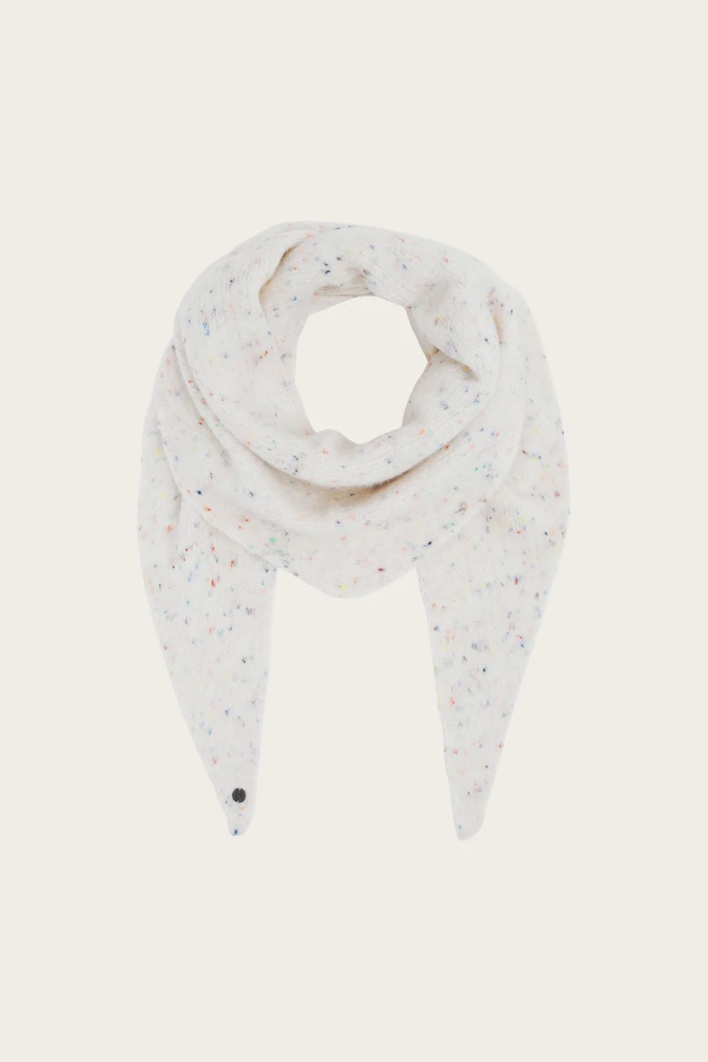 Cream scarf with multi coloured flecks photographed on a light background.