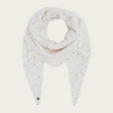 Cream scarf with multi coloured flecks photographed on a light background.