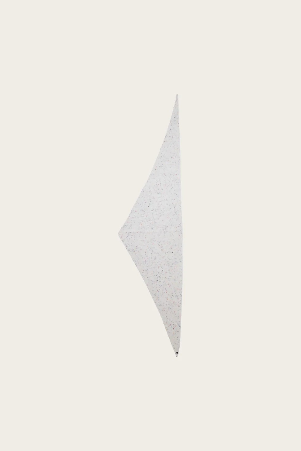 Cream scarf with multi coloured flecks photographed in a triangle on a light background.