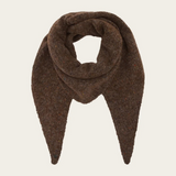 Brown scarf with multi coloured flecks photographed on a light background.