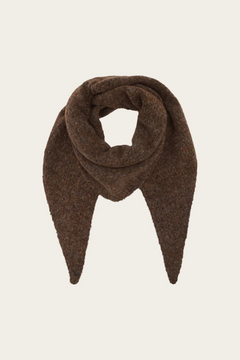 Brown scarf with multi coloured flecks photographed on a light background.