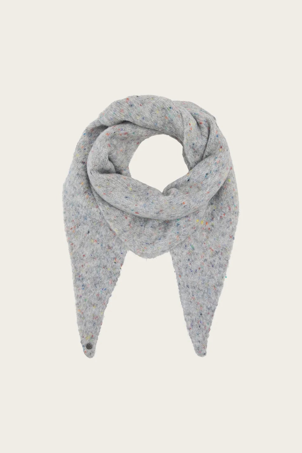 Grey scarf with multi coloured speckles photographed on a light background.