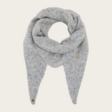 Grey scarf with multi coloured speckles photographed on a light background.