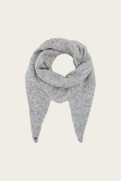 Grey scarf with multi coloured speckles photographed on a light background.