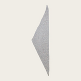 Grey scarf with multi coloured speckles photographed in a triangle shape on a light background.