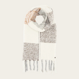 A multi coloured checkered scarf with fringe photographed on a light background.