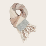 A multi coloured checkered scarf with fringe photographed on a light background.