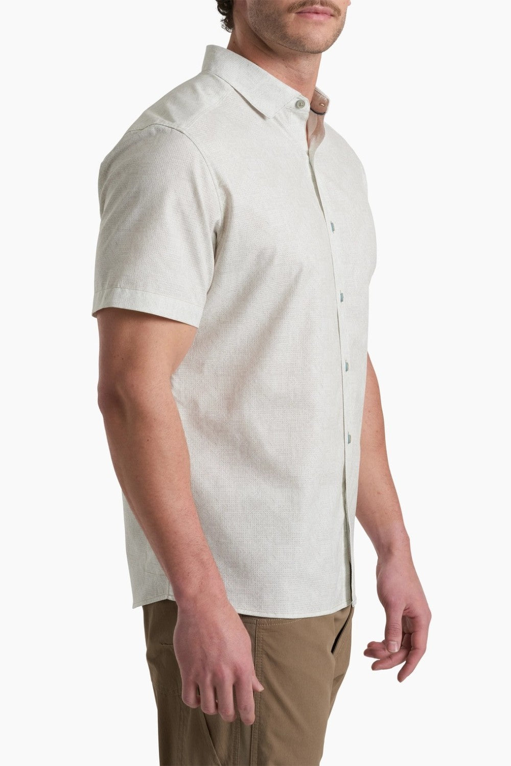 Man wearing a white short-sleeve shirt on a white background