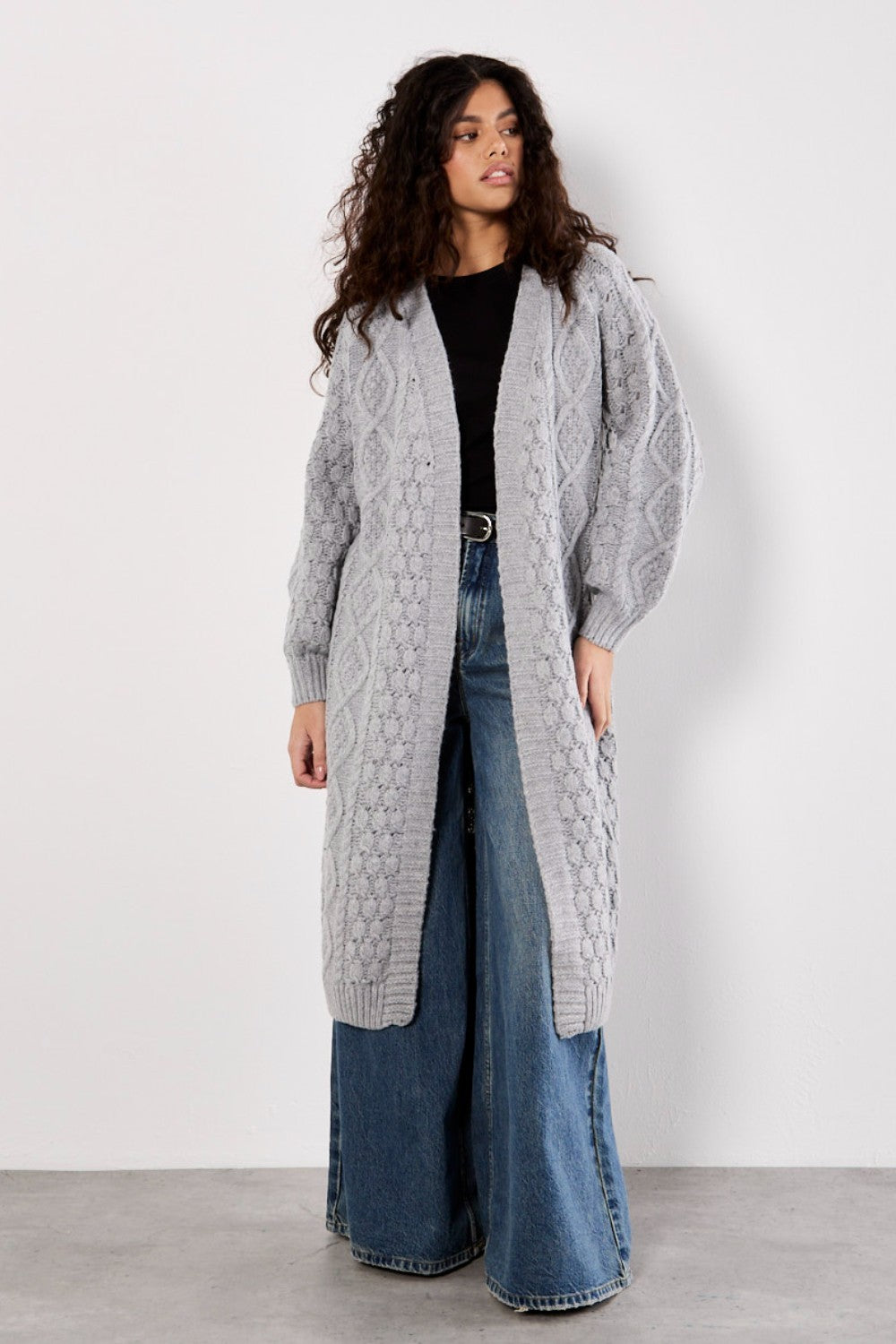 Apricot Cable Knit Open Midi Cardigan 