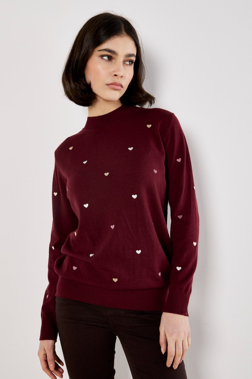 Apricot Embroidered Heart Mock Neck Sweater 