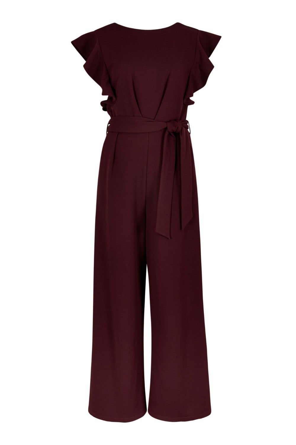 Maroon jumpsuit with ruffled sleeves on a white background