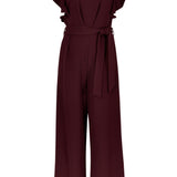 Maroon jumpsuit with ruffled sleeves on a white background